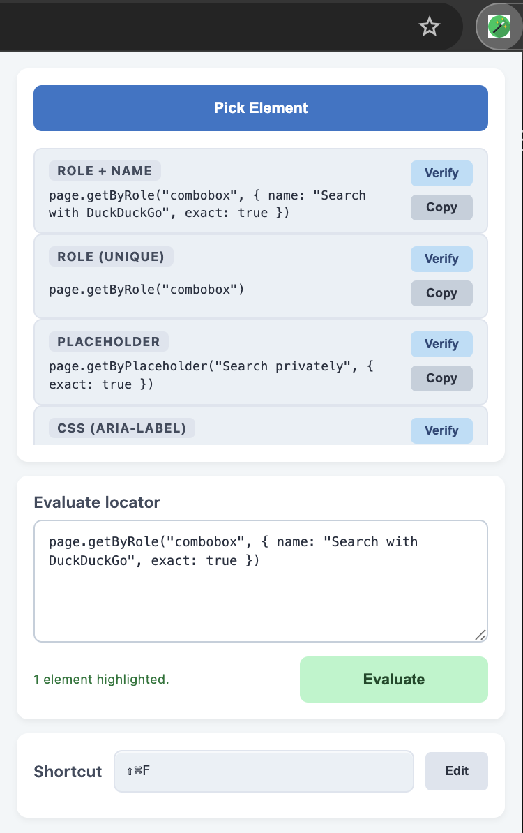 Playwright Locator Helper popup: Pick Element, strategy rows with Verify and Copy, Evaluate locator field, and shortcut hint